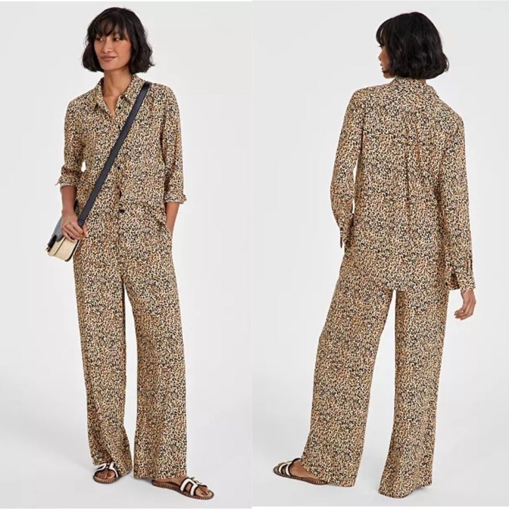 On 34th Women's Printed Collared Shirt and Printed Wide-Leg Pants Set